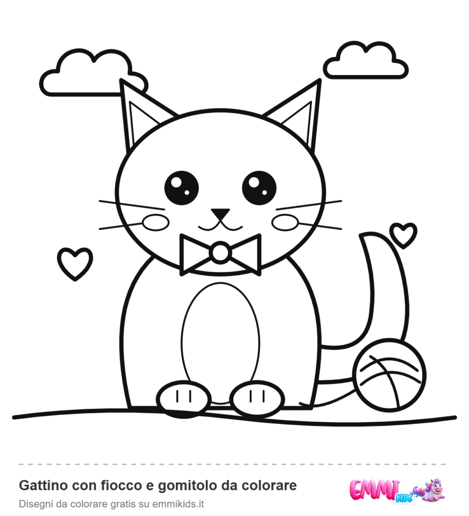 Gattino con fiocco e gomitolo da colorare – disegno da colorare gratis Emmi Kids