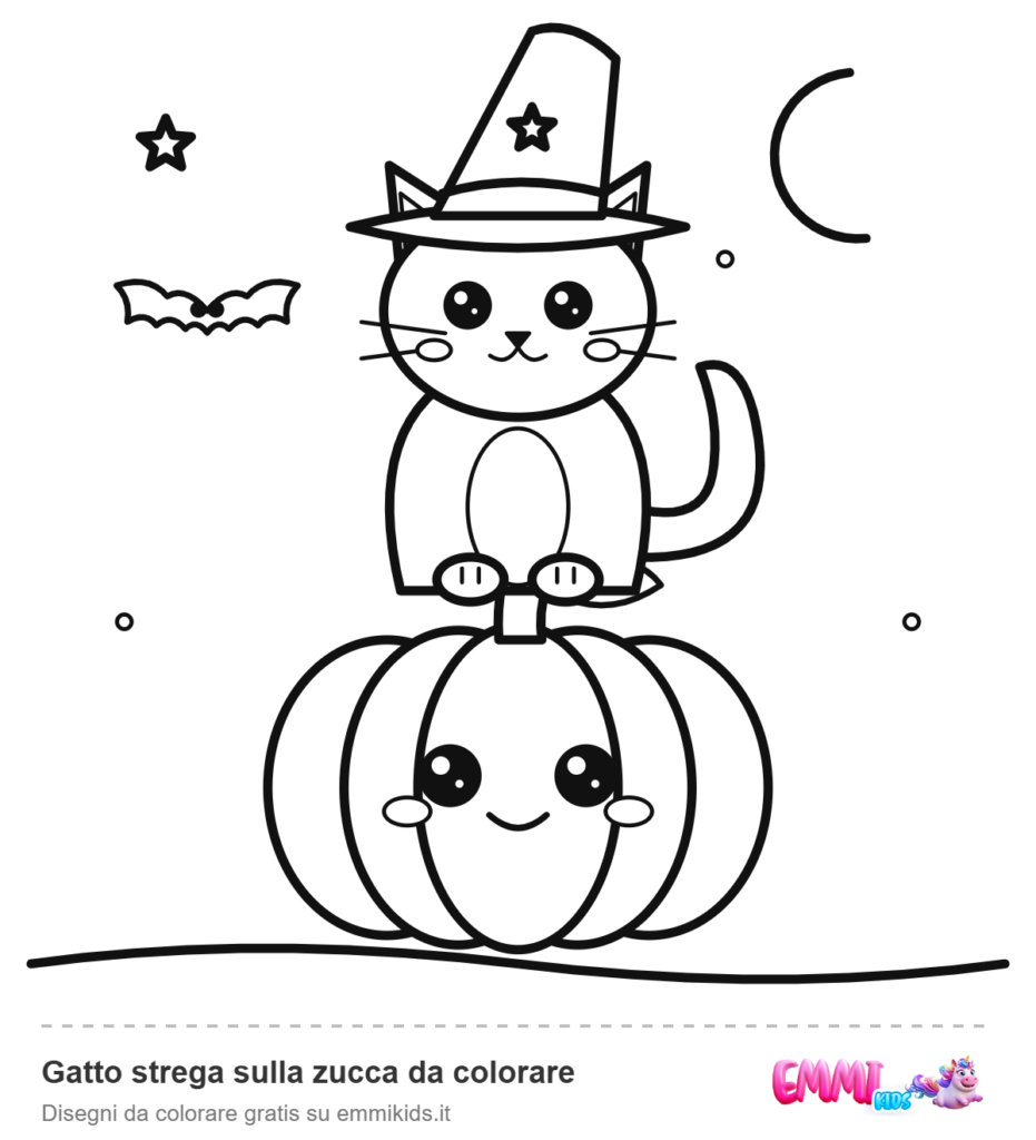 Gatto strega sulla zucca da colorare – disegno da colorare gratis Emmi Kids